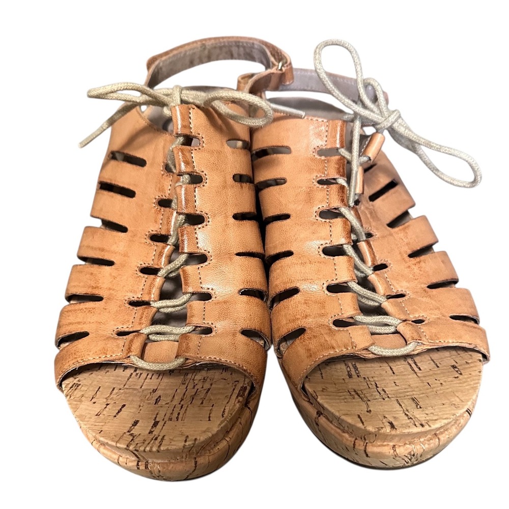 Abeo Slingback Wedge Sandals Women 8 Tan Leather Lace Up Cork Platform - Picture 3 of 9